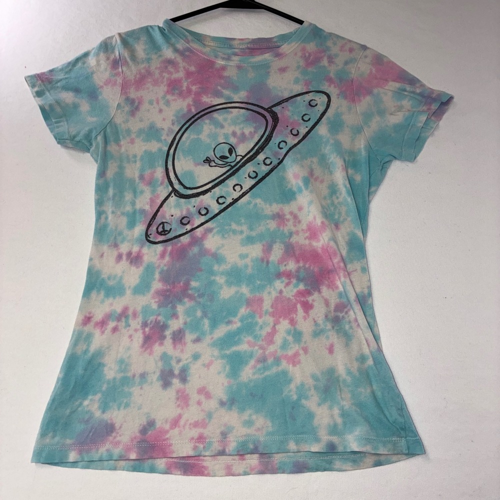 496 Sci-Fi Black Matter UFO Graphic Tee M Blue Pink Tie Dye Alien Spaceship